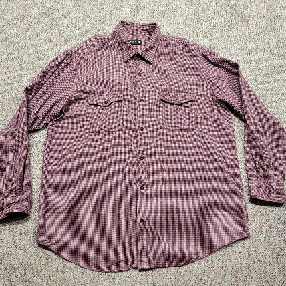 Orvis Shirt Mens 2XL Tall Red Houndstooth Button Up Long Sleeve Outdoor Hiking
